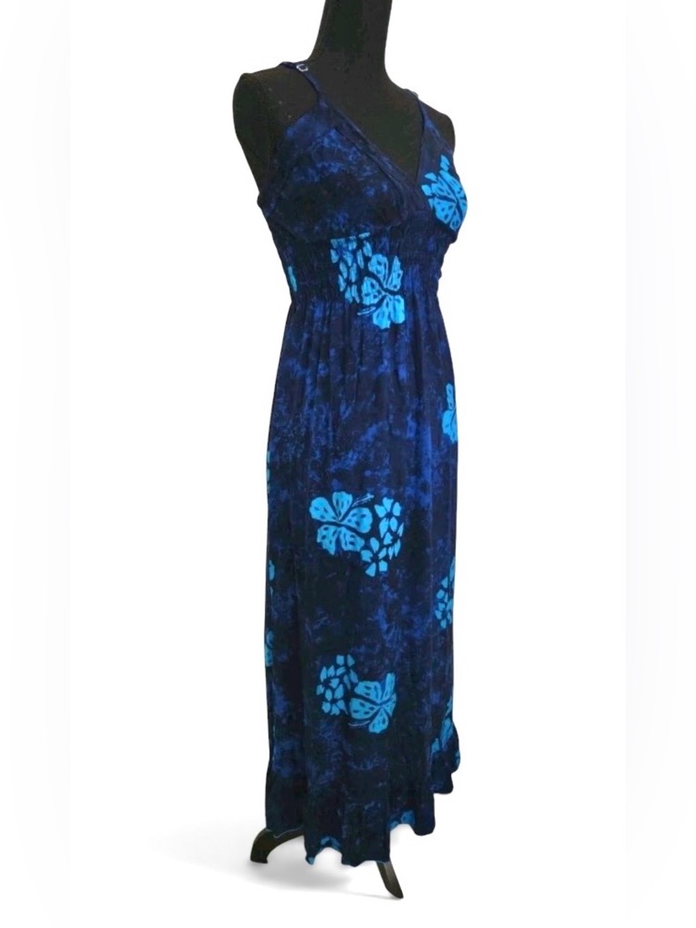 Dark Blue Floral Smocked Maxi Dress with Teal Accents
